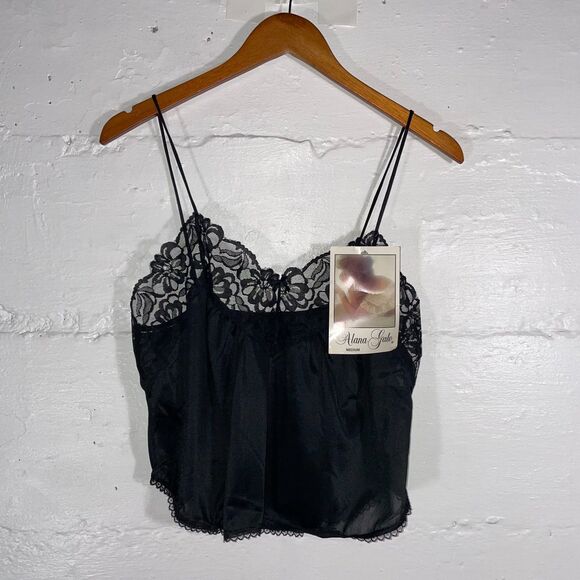 Vintage Alana Gale Black Lace Nylon Camisole Top NWT Medium Retro Boudoir - Picture 1 of 10